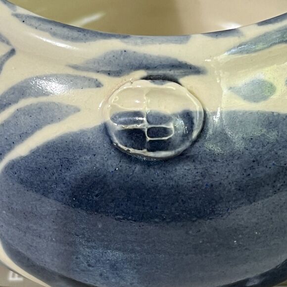 Blue & White Swirl Stoneware Planter Flower Pot Round Wheel Thrown Maker’s Mark - Picture 6 of 17